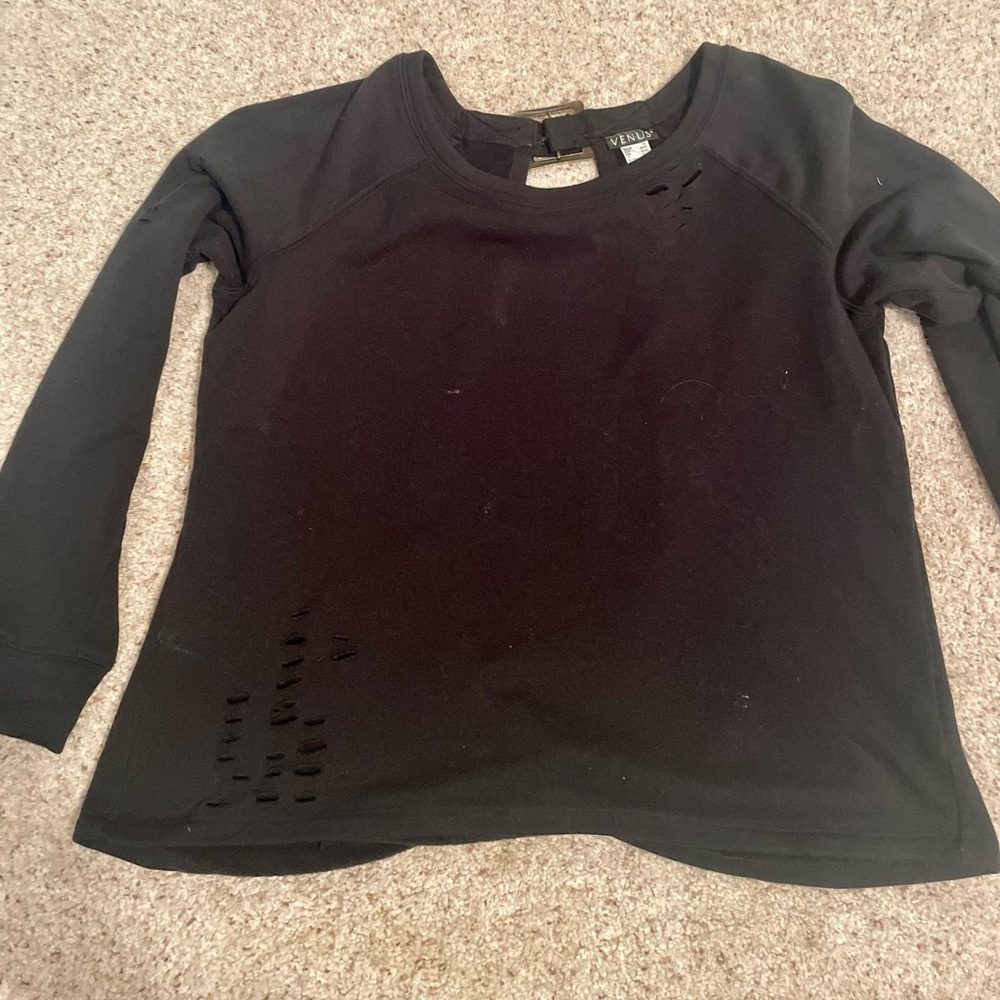 Great backless, distressed sweatshirt